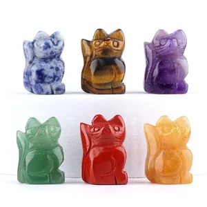 Natural Stone Mini Cat Figurine Hand Carved Crystal Gemstone Kitten Desktop Ornament Healing Quartz Animal Statue Decor