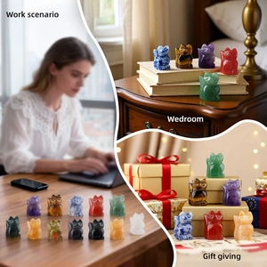 Hand-carved gemstone cat figurines in amethyst and quartz for desk decor and gifts