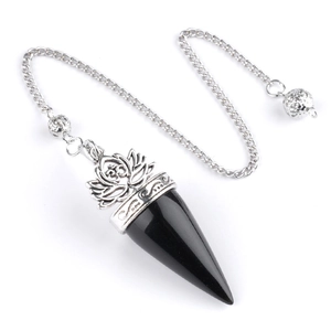 Polished black obsidian lotus cone pendulum with silver Om symbol for yoga meditation
