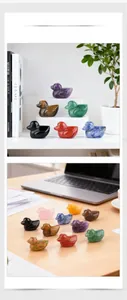 Mini natural crystal duck figurines in various gemstones shown in home and office settings