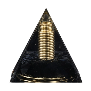 Handmade Orgonite Pyramid with obsidian stones and golden metal coil in clear resin