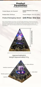 Macro shot of Orgone energy pyramid showing amethyst ball, obsidian stones and gold foil layers