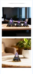 Three sizes of Orgone crystal pyramids featuring purple planet patterns and gold foil flakes