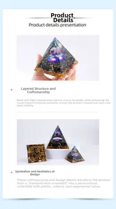 Detail view of the layered structure in the Orgone pyramid with purple crystals and gold foil