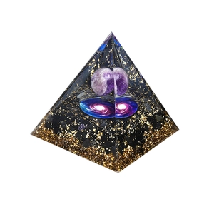 Handmade Orgone Pyramid with Amethyst Sphere and Gold Foil in Clear Resin Ornament