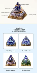 Detailed view of Orgonite pyramid with Evil Eye, amethyst crystals, and gold leaf layers