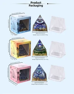 Three sizes of Evil Eye Orgone Pyramids with detailed dimensions and weight specifications