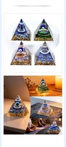Detailed views of Orgone energy pyramids with Lapis Lazuli and Evil Eye in various home settings