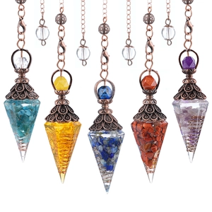 Set of five crystal hexagonal dowsing pendulums with vintage caps and metal chains