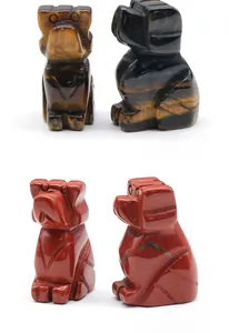 Detailed tiger eye and red jasper French bulldog hand-carved gemstone figurines