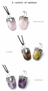 Vue détaillée de pendentifs en quartz rose, unakite et améthyste avec lunes argentées