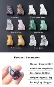 Macro detail of hand-carved natural gemstone birds showing texture and compact size