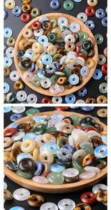 Detailed macro view of assorted natural crystal and gemstone donuts for jewelry making