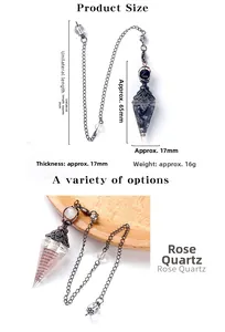 Detailed dimensions of rose quartz resin crystal pendulum with vintage metal filigree