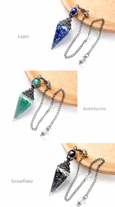 Detail of resin hexagonal pendants with lapis, aventurine and snowflake stones