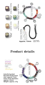 Details von 7 Chakra Heilsteinen mit Symbolen, Perlenarmband und Bergkristall Halskette Set