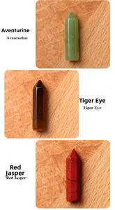 Detailed view of Aventurine, Tiger Eye, and Red Jasper polished crystal hexagonal points