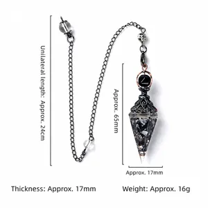 Resin crystal hexagonal pendulum with black stones and metal chain for dowsing