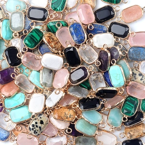 Natural crystal rectangular faceted charms with gold plated double rings connectors