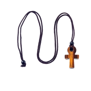 Egyptische Ankh kruis ketting van tijgeroog steen met bruin gevlochten koord op wit