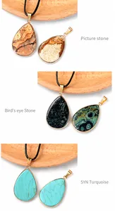 Teardrop stone pendants in picture jasper, bird eye stone and blue turquoise with gold trim