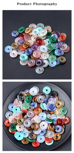 Detailed macro view of assorted natural crystal donut pendants with polished textures