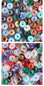 Macro display of diverse natural crystal and agate donut pendants for DIY jewelry