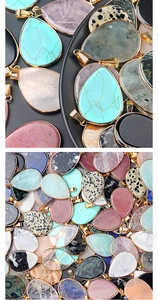 Close-up of teardrop semi-precious stone pendants with gold metal plated edges and bails