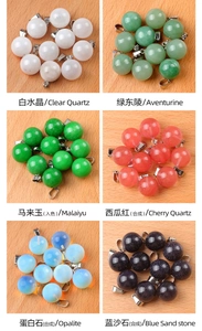 Détail des pendentifs boules de 14mm en quartz, agate et diverses pierres gemmes