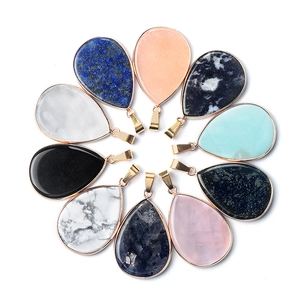 Set of 10 teardrop semi-precious stone pendants with gold plating for DIY jewelry