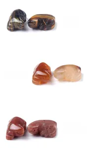 Detailed trio of carved animal figurines in tiger eye, agate and purple aventurine
