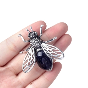 Vintage bee brooch pendant with blue sandstone and crystal in antique silver finish