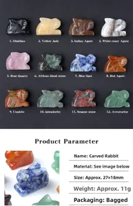 Macro detail of natural crystal rabbit statues in twelve different gemstone materials