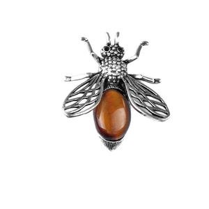 Vintage silver bee brooch pendant with tiger eye stone and intricate hollow wings