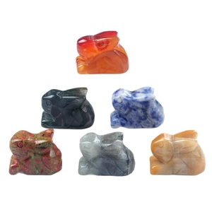 Set of six handcrafted natural gemstone rabbit figurines in assorted crystal materials