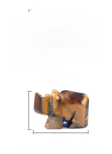 Macro detail of hand-carved tiger eye rhino figurine with natural stone texture and size specs