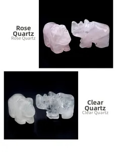 Detailed view of polished Rose Quartz and Clear Quartz crystal rhinoceros figurines