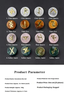 Macro detail of mixed natural crystal rune stones with engraved gold nordic symbols
