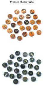 Macro detail of Tiger Eye and Moss Agate rune stones with golden Nordic engravings