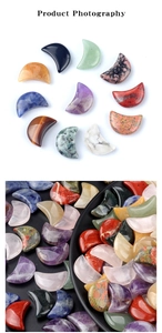 Polished moon-shaped natural crystals including amethyst and tiger eye in detail view