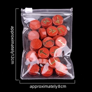 Natural red jasper Rune stones set with gold engraved symbols in transparent packaging