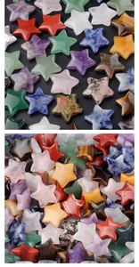 Close-up of various natural gemstone stars including amethyst, tiger eye, and rose quartz