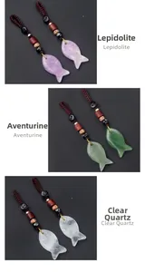 Detail of hand-woven fish pendant in Lepidolite, Aventurine, and Clear Quartz
