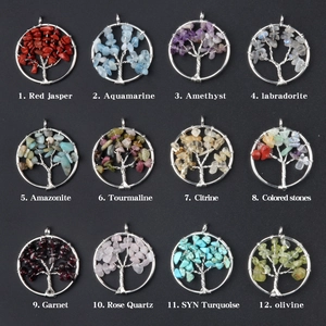Pendentif Arbre de Vie Enveloppé de Fil Pierre Naturelle Concassée Chakra Multicolore Cristal de Guérison Pendentif Seul Sans Chaîne Bijoux Femme