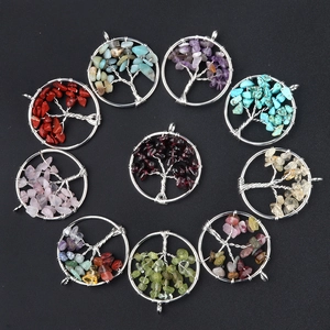 Pendentifs arbre de vie en cristal naturel en 10 couleurs avec fil d'argent artisanal