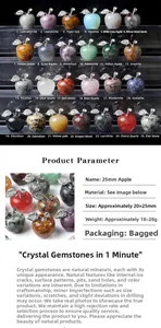 Detail view of 25mm mini crystal apples with diamond leaves and natural stone textures