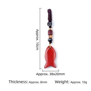 Handcrafted woven red stone fish keychain pendant with detailed size specifications