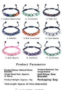 Tabla detallada de pulseras chakra de cristal natural ajustable 8-10 mm en varios estilos