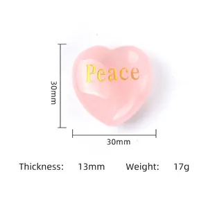Natural rose quartz heart stone engraved with gold Peace, size 30mm for meditation