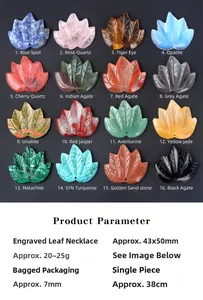 Collection of 16 varieties of maple leaf gemstone pendants with detailed product size chart